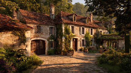 Fototapeta premium Beautiful rustic stone cottages surrounded by lush greenery in nature
