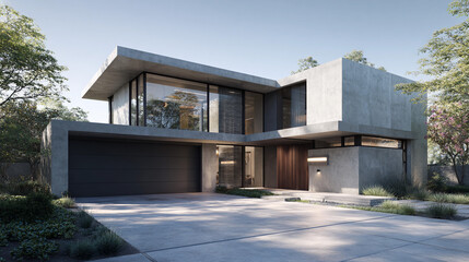 Modern concrete house with large windows in a tranquil setting