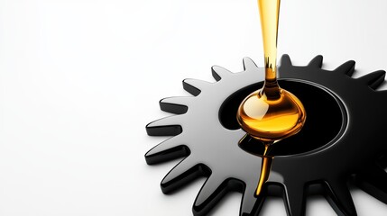 A high-contrast black-and-white gear with a single glossy golden oil drop dripping from its apex onto a pristine white surface