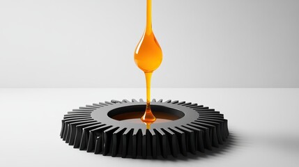 A high-contrast black-and-white gear with a single glossy golden oil drop dripping from its apex onto a pristine white surface