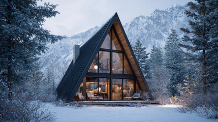 Unique cabin design in snowy mountain landscape during winter