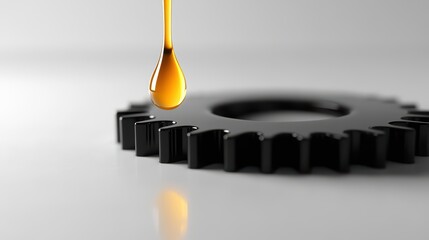 A high-contrast black-and-white gear with a single glossy golden oil drop dripping from its apex onto a pristine white surface