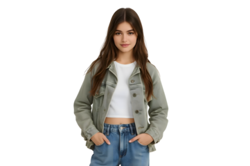 Teen girl in light olive jacket and jeans