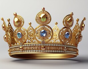 3d birthday crown with gems and birthday queen text celebration accessory shiny gold isolated on white and white background