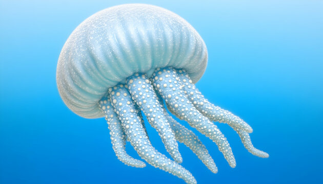 A 3D-rendered, light-blue jellyfish with white spots swims in a blue gradient background, tentacles waving slightly - Powered by Adobe