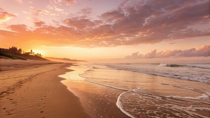 Obraz premium Serene sunrise on a sandy beach with gentle waves and a pink sky