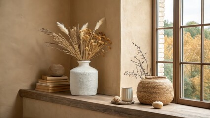Fototapeta premium Autumnal home decor still life with dried flowers vase and window view