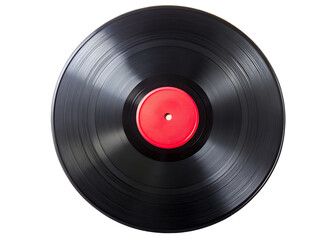 A black vinyl record with a red center label on a black background showing grooves and texture detail