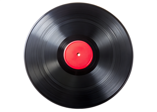 A black vinyl record with a red center label on a black background showing grooves and texture detail