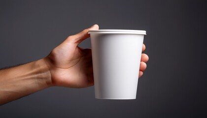 a professional studio shot of a white paper mug being held by a hand