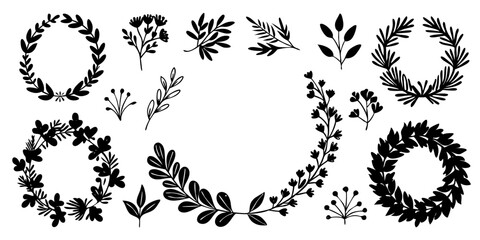 A vector set of black tribal animal and tree silhouettes with floral and leaf decorative elements perfect for tattoo designs or nature-inspired vintage frames