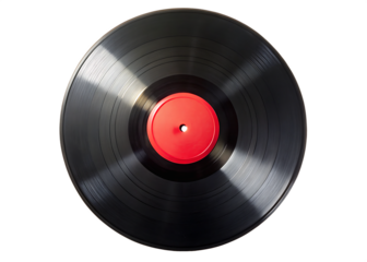 A top down view of a black vinyl record with a red label centered on a black background space around it