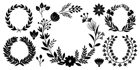 Black and white floral vector silhouettes for decorative vintage pattern design