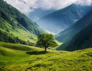 majestic lone tree in a valley surrounded by lush greenery and misty mountains