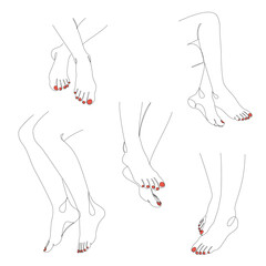 Collection. Silhouettes of human legs, feet in a modern one line style. Continuous line drawing, outline for decoration, posters, wall art, stickers, logo. Vector illustration set