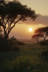 Sunset casts warm light over the African savannah while silhouettes of trees create a tranquil atmosphere in the distance