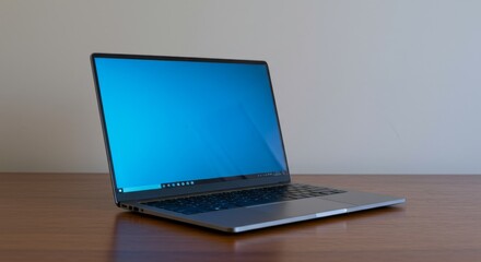 Fototapeta premium Laptop on wood table with blue screen