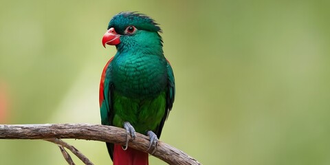 Vibrant Exotic Bird quetzal, emerald green and red feathers - Studio Portrait