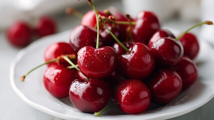 Fresh Cherries on a White Plate with Dew Drops
