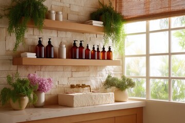 Modern spa bathroom interior design with stone sink and amber bottles