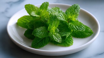 Fresh Mint Leaves on a White Plate