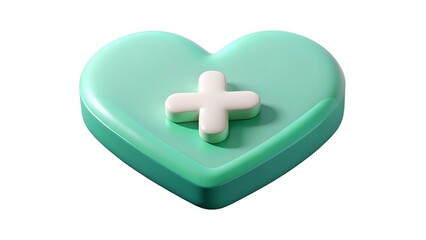 A 3d rendered heart with a plus sign suggesting health care and medical assistance in a minimalist design