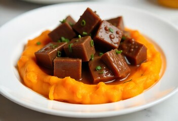white plate holds a generous portion of savory-looking boneless meat cubes in a dark brown sauce, served of creamy, bright orange sweet potato mash.