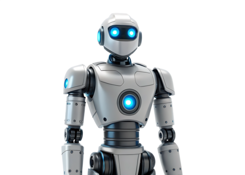 A futuristic robot with glowing blue eyes and chest light on a black isolated background studio shot