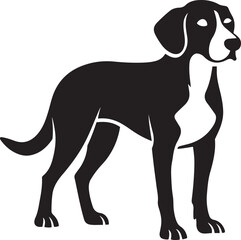 Hunting dog silhouette alert pose, Dog ready to track black and white illustration