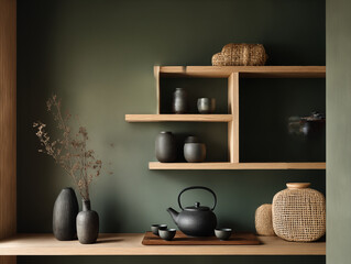 Japandi palette of forest green and mushroom gray, floating wood shelving, clay tea set, woven accents