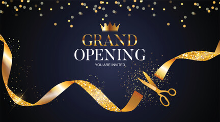 Grand Opening Card with Ribbon and Scissors Background. Vector Illustration