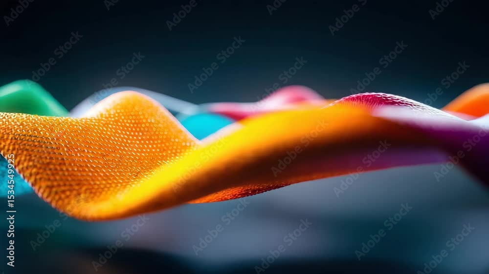 Aufkleber A close-up of a colorful abstract wave-shaped material against an isolated dark background. The focus is sharp and the shallow depth of field creates a bokeh effect around the edges.