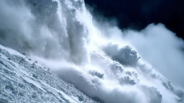 A huge pile of snow rolls down the mountain like an avalanche