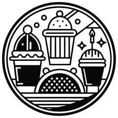 Fast Food Icon Set in Black and White – Burger, Drinks, Desserts, Pizza, and Snacks Vector