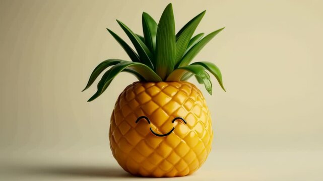 Cute 3D render of a smiling pineapple against a plain background, showcasing vibrant colors and a playful, cartoonish style.