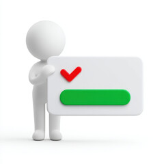 Humanoid figure holding large checkmark and green button white background, symbolizing approval or confirmation
