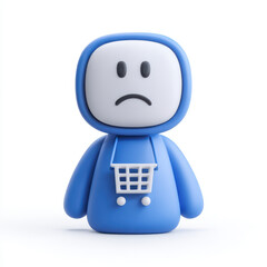 Sad robot figure with shopping cart symbol its chest, representing disappointment or dissatisfaction shopping or online