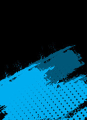 Abstract Bold Grunge Blue Cover Background with Halftone and Paint Brush Texture. 