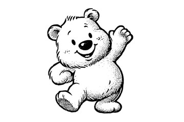Obraz premium Nostalgic Teddy Bear Waving. Sweet Vintage Line Art Illustration.
