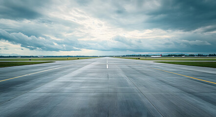 Fototapeta premium Empty airport runway with cloudy sky, no planes seen