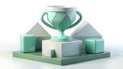 Abstract trophy concept 3d rendering with geometric shapes in shades of green and white