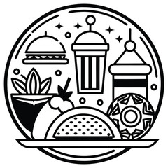 Fast Food Icon Set in Black and White – Burger, Drinks, Desserts, Pizza, and Snacks Vector