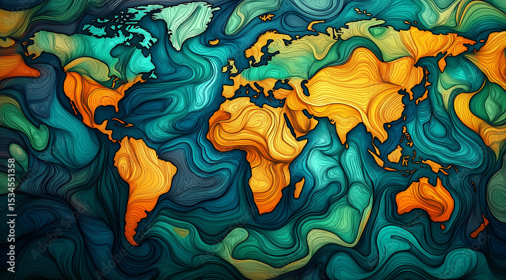 Poster map of the earth with continents surrounded by moving digital data flows and neural networks.