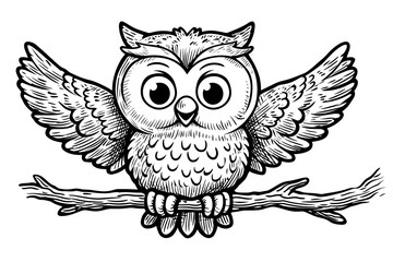 Obraz premium Cute Cartoon Owl with Open Wings on Branch. Engraved style for children's books or nature.