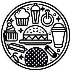 Fast Food Icon Set in Black and White – Burger, Drinks, Desserts, Pizza, and Snacks Vector