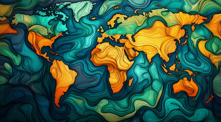 Map of the earth with continents surrounded by moving digital data flows and neural networks.	