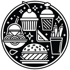 Fast Food Icon Set in Black and White – Burger, Drinks, Desserts, Pizza, and Snacks Vector