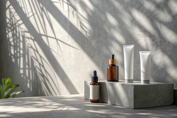 Panoramic abstract grey background for product presentation with sunlight and blurred shadows wall. 
