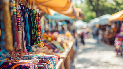 Naklejka premium Outdoor market with colorful crafts and blurred people in background
