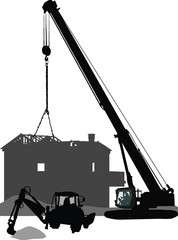 black excavator and crane silhouette bild house on white background